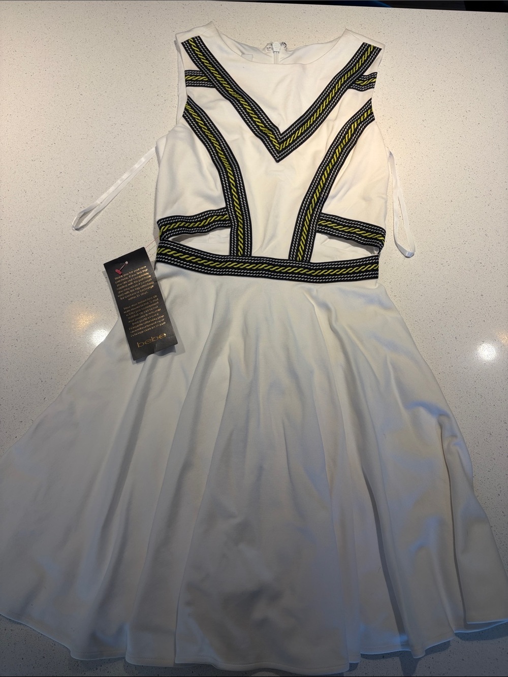 Bebe White Fit-and-Flare Mini Dress with Black and Yellow Trim - Picture 3 of 3